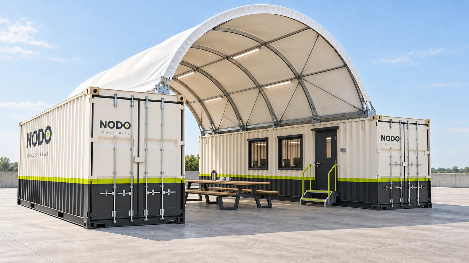 El canopy entre dos módulos con una mesa de comedor con bancos debajo, junto al acceso de la oficina, con iluminación LED sobre los arcos