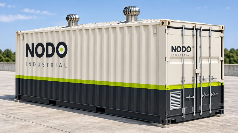 Exterior del depósito de 20 pies: dos extractores eólicos en el techo, una celosía baja junto a las puertas y la marca NODO en el costado y en las puertas