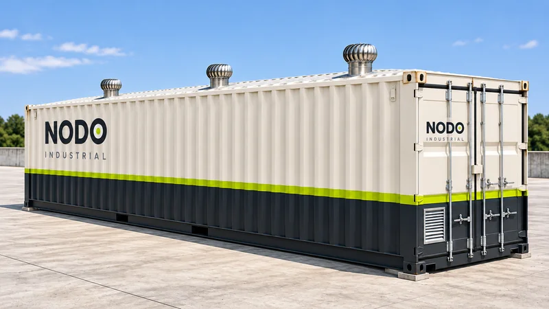 Exterior de la versión de 40 pies del depósito: tres extractores eólicos en el techo, una celosía baja junto a las puertas y la marca NODO en el costado y en las puertas