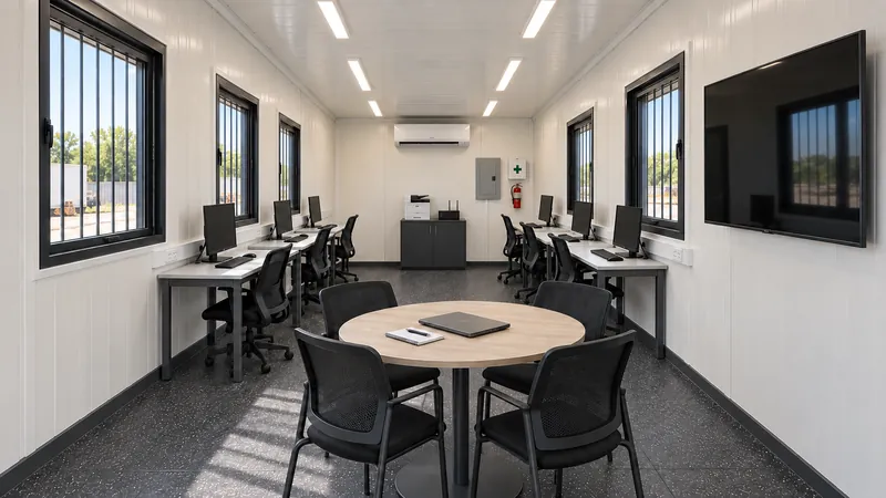 Interior de la oficina de 40 pies: dos filas de puestos de trabajo, mesa de reuniones redonda, pantalla, impresora, climatización y tablero eléctrico